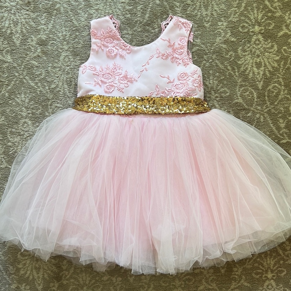 Itty Bitty Toes pink tulle dress with sequin wrap and bow in back